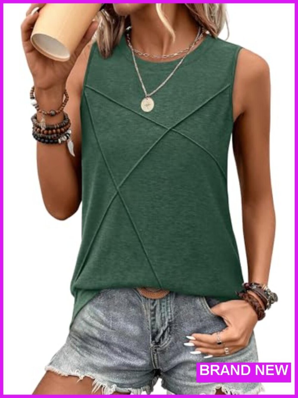Sleeveless Crewneck Loose Fit Tank Top with Textured Details
